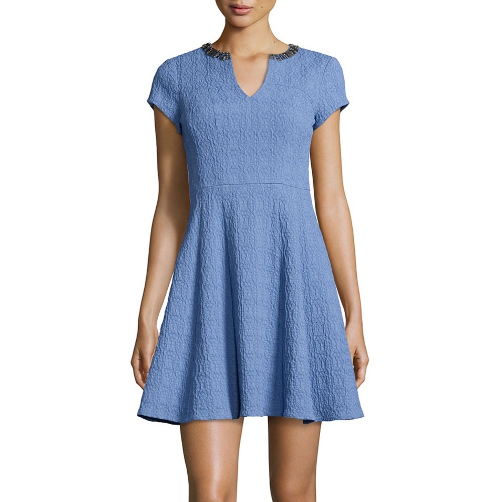 Nanette Lepore textured fit-and-flare dress; beaded collar